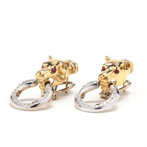 Vintage Karat Bi Color Gold Diamond And Ruby Panther Earrings For