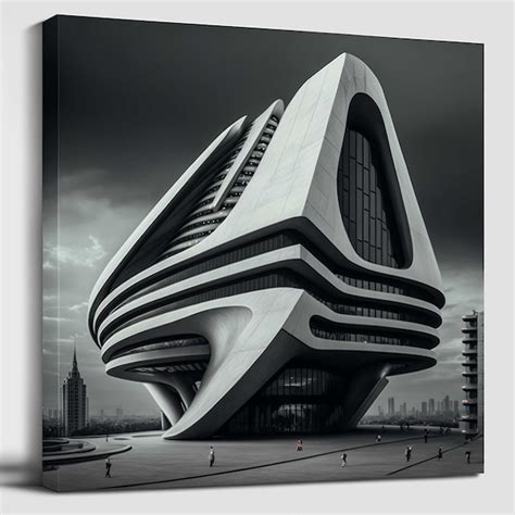 Cuadro De Edificio Futurista Con Un Gran Edificio Blanco En La Parte