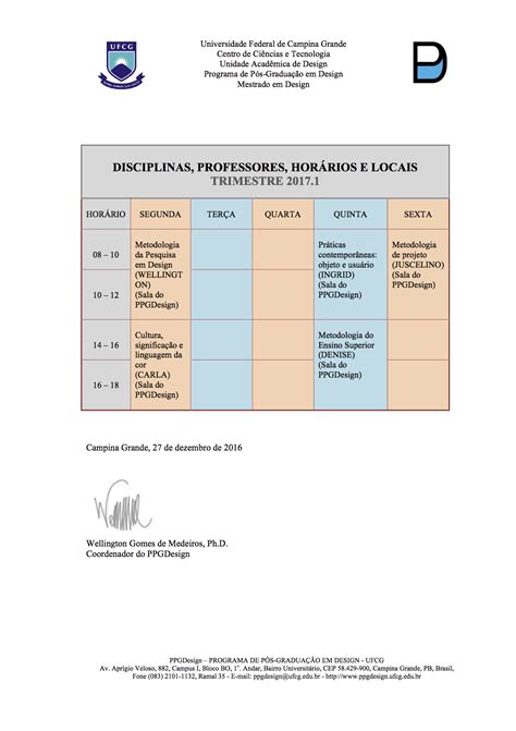 Disciplinas E HorÁrios 20171 Programa De Pós Graduação Em Design