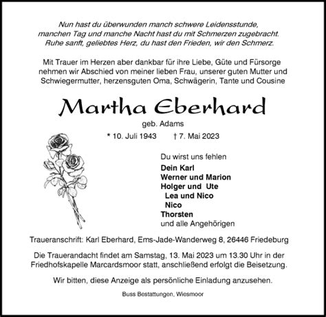 Traueranzeigen Von Martha Eberhard Nordwest Trauer De