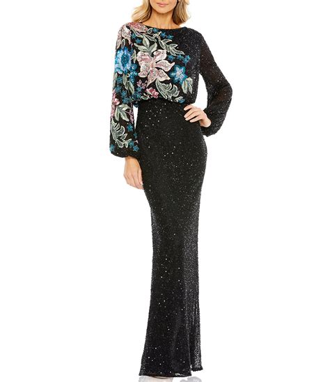 Mac Duggal Floral Beaded Sequin Long Sleeve Blouson Gown Dillards