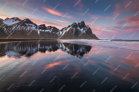 premium photo sunset  vestrahorn mountain  stokksnes beach