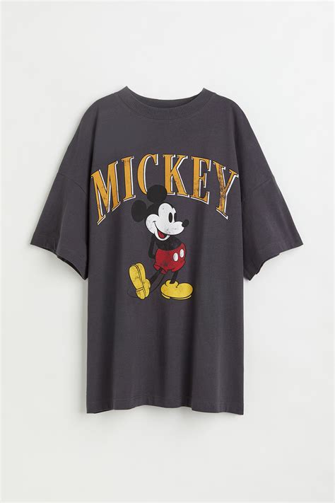 Long Printed T Shirt Dark Grey Mickey Mouse Ladies Handm Gb