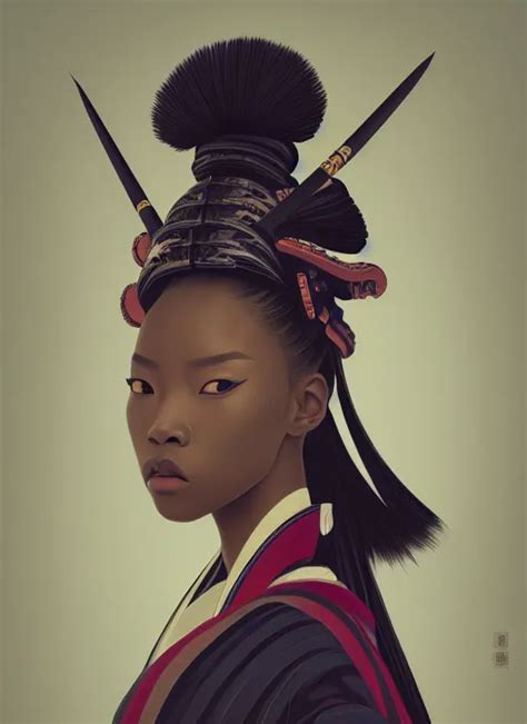 Attractive Female Portrait Of African Samurai Wearing Stable