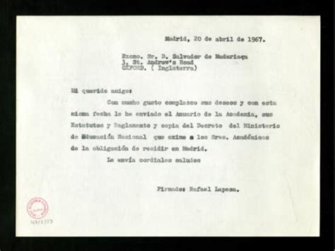 Copia Sin Firma De La Carta De Rafael Lapesa A Salvador De Madariaga