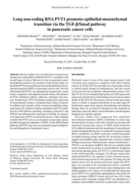 Pdf Long Non‑coding Rna Pvt1 Promotes Epithelial‑mesenchymal