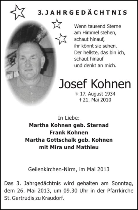 Traueranzeigen Von Josef Kohnen Aachen Gedenkt