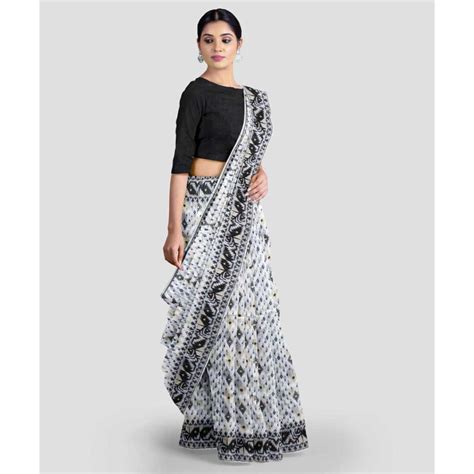 Buy Soft Cotton Silk Black White Jamdani Dhakai Saree