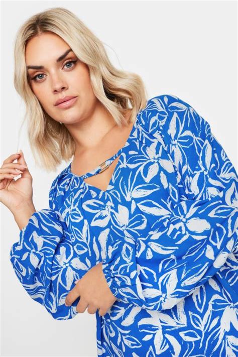 YOURS Plus Size Blue Floral Print Balloon Sleeve Blouse Yours Clothing