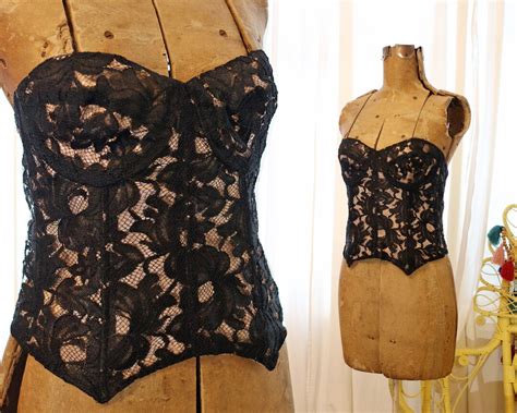 Vintage Y2K Black Lace Champagne Satin Cropped Bustier Corset Top