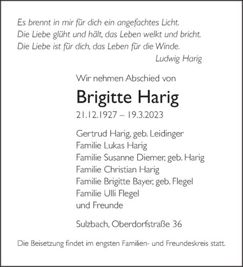 Traueranzeigen Von Brigitte Harig Saarbruecker Zeitung Trauer De