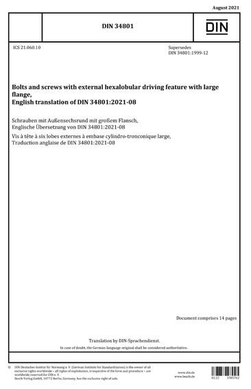 DIN 34801:2021 - Bolts and screws with external hexalobular driving ...