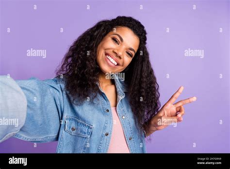 Photo Of Funny Sweet Dark Skin Lady Wear Denim Shirt Tacking Selfie