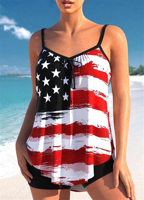 Bowknot American Flag Print Black Tankini Top Modlily USD 29 67