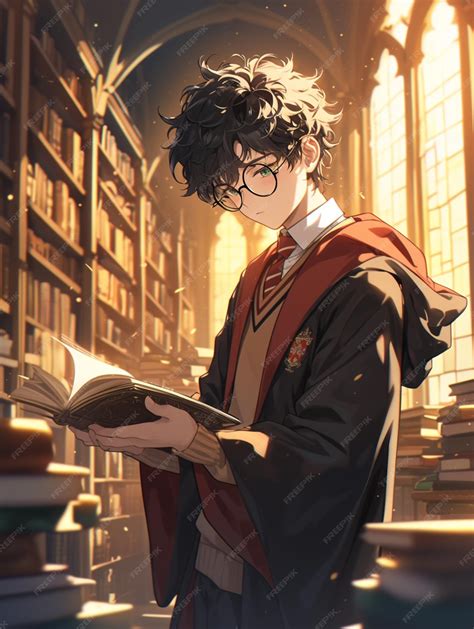 Premium Photo | Harry potter reading a book in a library with stacks of