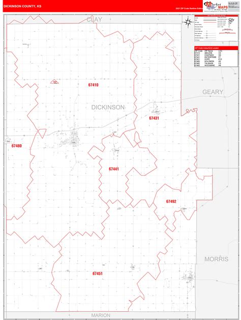 Dickinson County Ks Zip Code Wall Map Red Line Style By Marketmaps Mapsales