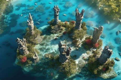 Premium AI Image Aerial View Of Underwater Statues Amidst Coral Reef