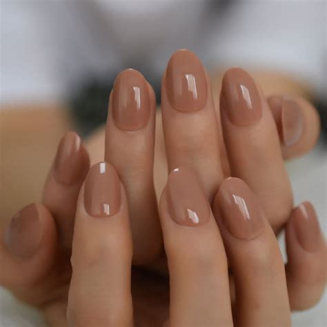 UV Light Brown Press On Nails Oval Gelnails Faux Ongles Solid Color