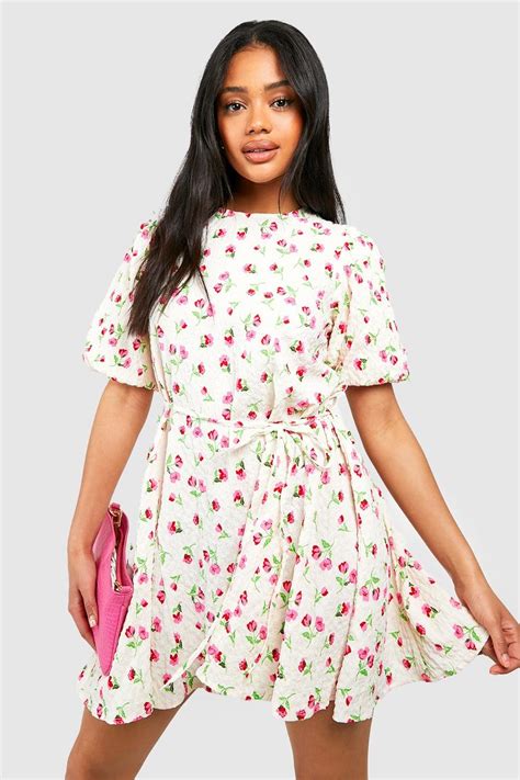 Floral Textured Puff Sleeve Smock Dress Boohoo Uk