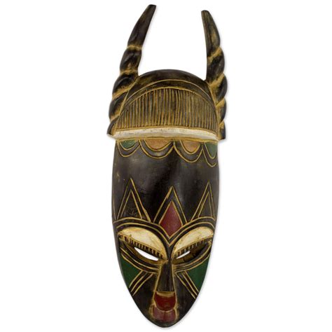 Ghanaian Hand Carved Horned Mask In Black And Gold Twisted Horn Novica