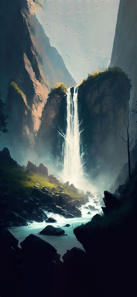 Waterfall & Mountains Art Wallpaper - Waterfall Aesthetic Wallpaper ...