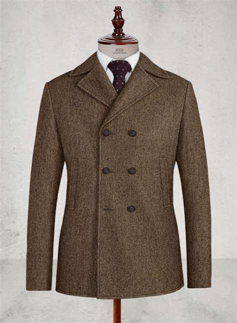 Rust Herringbone Tweed Pea Coat Made To Measure Custom Jeans For Men