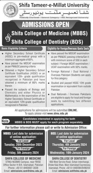 Shifa College of Medicine, Islamabad addmissions 2025