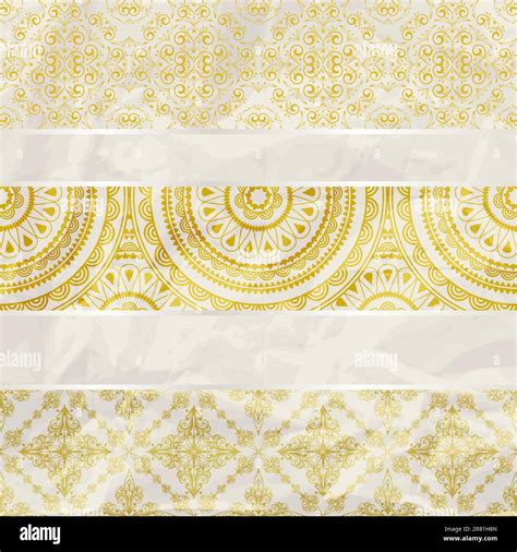 Vector Seamless Floral Borders On Crumpled Golden Foil Paper Texture