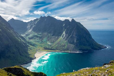 View Over The Turquoise Water Of Kvalvika Beach From Ryten Mount