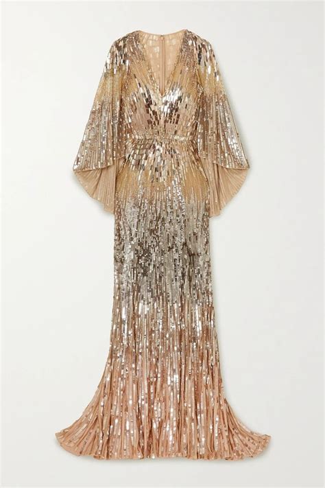 Gold Jenny Packham Hennie Cape Effect Embellished Tulle Gown Gowns