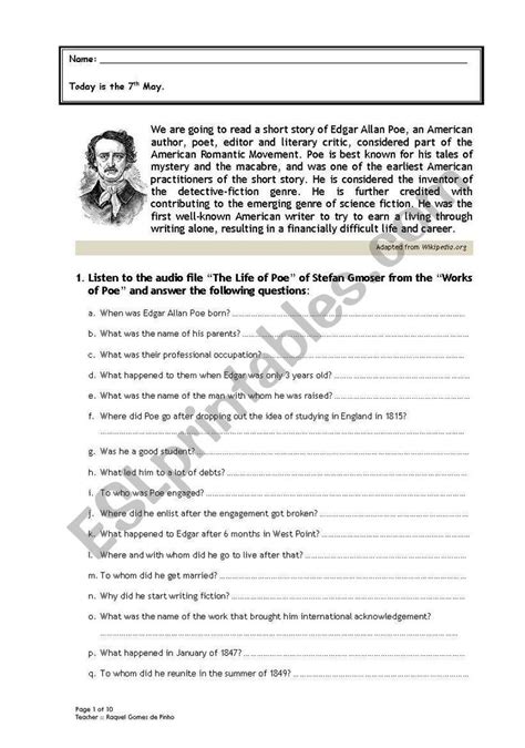 Edgar Allan Poe The Black Cat Esl Worksheet By Wakewinha Edgar