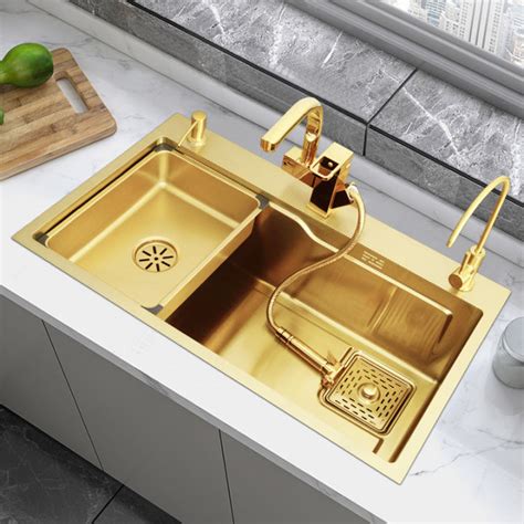 75 45Cm Kitchen Sink Large Single Bowl Golden Nano 304 Stainless Steel