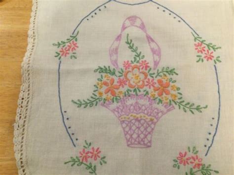 Vintage Dresser Scarf Table Runner Oval White Embroidered Basket