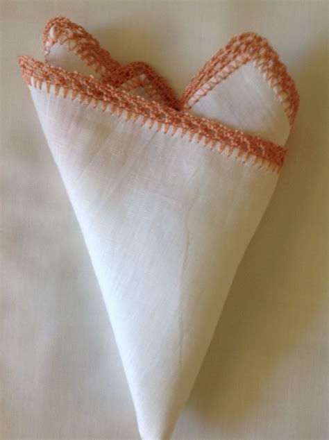 White Irish Linen With Peach Crochet Edge Pocket Square Pocketsquares