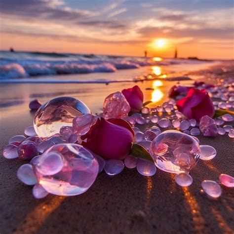 Premium AI Image | Pink glass bubbles on the beach at sunset