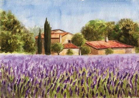 Lavender Field Original Watercolor Painting Landscape Landscape