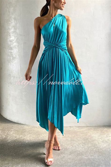 Miya Satin One Shoulder Pleated Midi Dress Pleated Midi Dress Blue