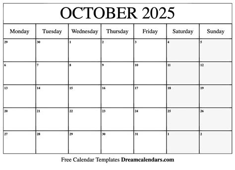 October Calendar 2025 Template Irene White