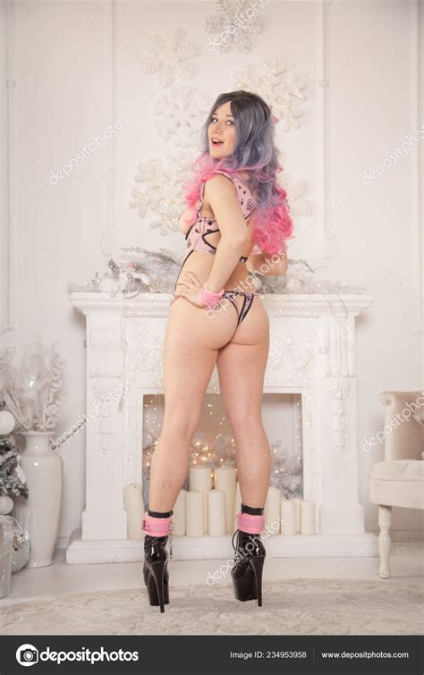 Sexy Erotic Curvy Girl Pink Lingerie Fetish High Heels Posing Stock