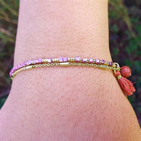 Supers Es Miyuki Boho Doppel Armband In Gold Rosa Mit Quaste