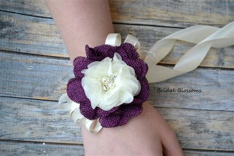 Ivory Natural Burlap Flower Wrist Corsage Rustic Wedding Etsy