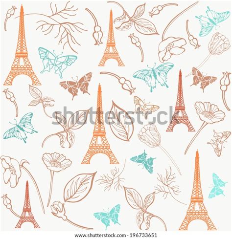 Paris Eiffel Tower Pattern Flowersseamless Pattern Stock Vector