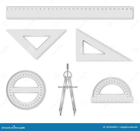 Set Of Isolated Geometry Items Ruler Set Squares Protractors And Compass School Accessories