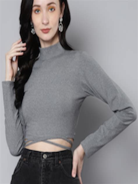 Buy SASSAFRAS Grey High Neck Waist Tie Up Rib Crop Top Tops For Women