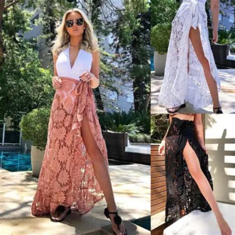 Summer Women Lace Bikini Cover Up Swimwear Sheer Skirts Beach Maxi Wrap Skirt Sarong Pareo Long