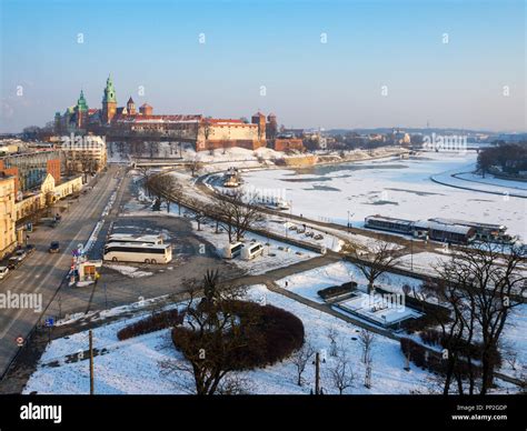 Krakow Poland In Winter Aerial Skyline In Sunset Light With Wawel