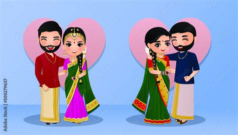 Set Of Cute Couple In Traditional Indian Dress Cartoon Characters Bride