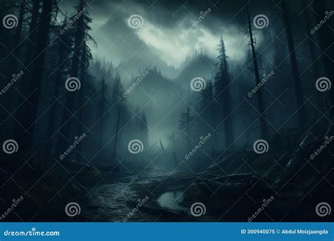 Eerie Ambiance Fog Blankets the Night in a Dark Forest Stock ...