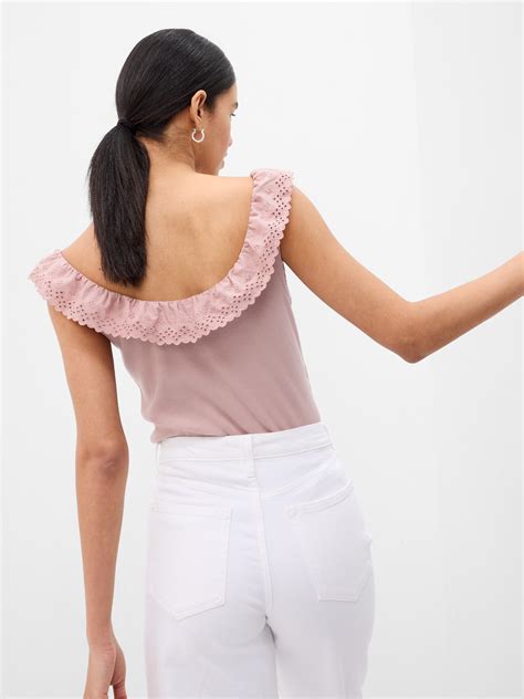 Eyelet Ruffle Neck Rib Tank Top Gap