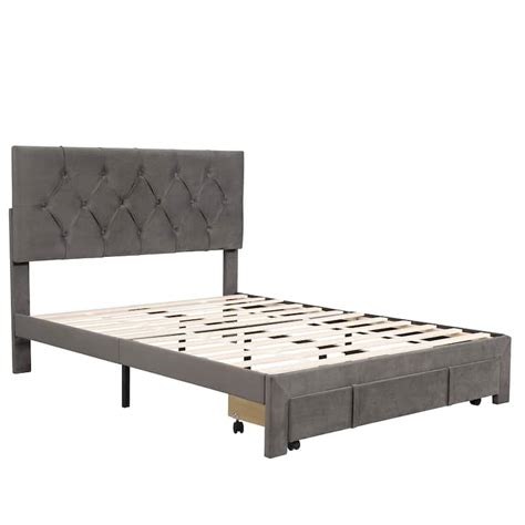 Full Size Storage Bed Velvet Upholstered Platform Bed With A Big Drawer